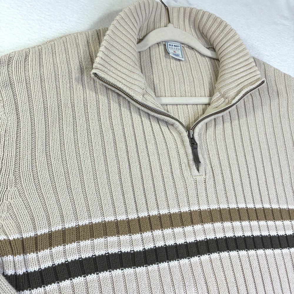 Old Navy Mens XL Quarter Zip Ribbed Sweater Beige Striped Mock Neck Pullover